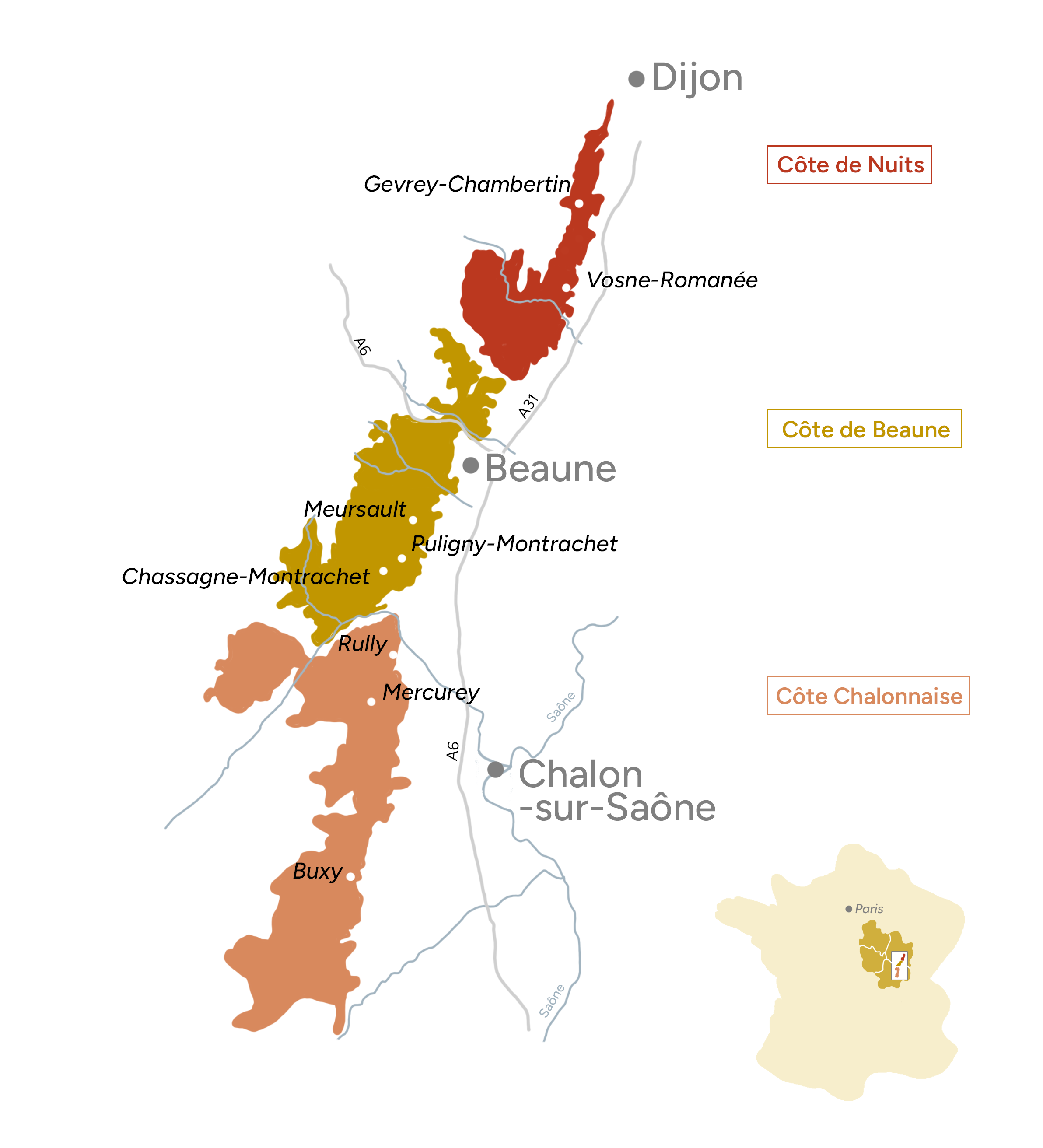 Carte des appellations de Bourgogne
